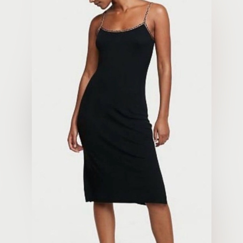 Victoria's Secret modal midi ribbed sleep black w/leopard adjustable straps NWT